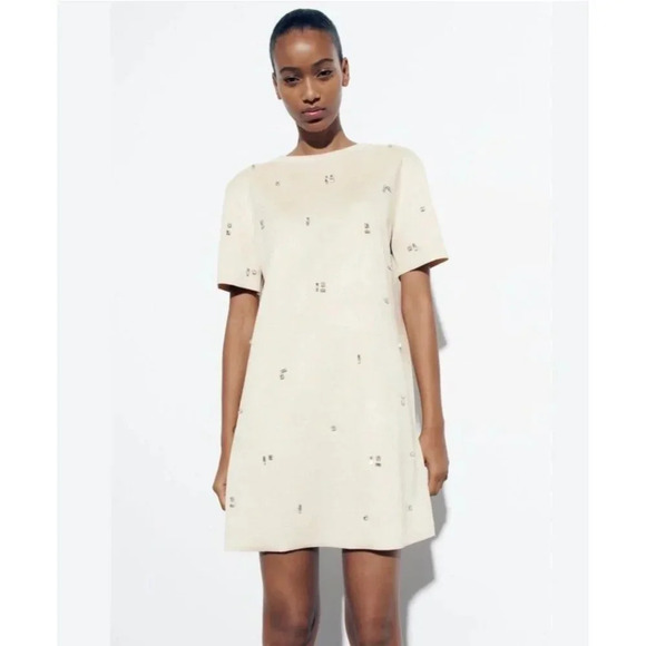 Zara Womens Short Sleeve with Crystal White Floral T Shirt Dress Sz L - Picture 1 of 13